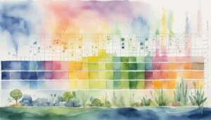 Colorful watercolor infographic with landscape and graph elements.