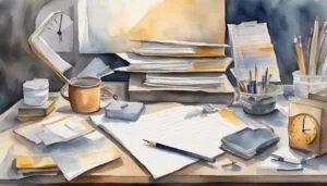 Artistic watercolor painting of a cluttered desk with supplies.