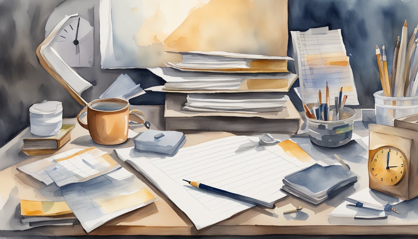 Artistic watercolor painting of a cluttered desk with supplies.