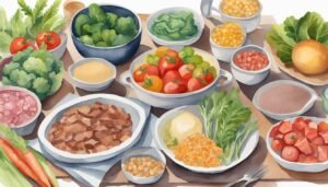 Assorted fresh vegetables and grains in bowls, watercolor.