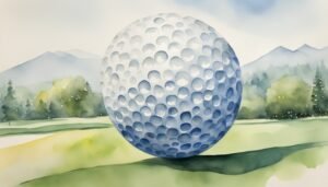 Watercolor painting of a golf ball with scenic backdrop.