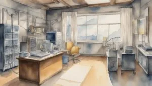 Watercolor illustration of vintage office with mountain view.