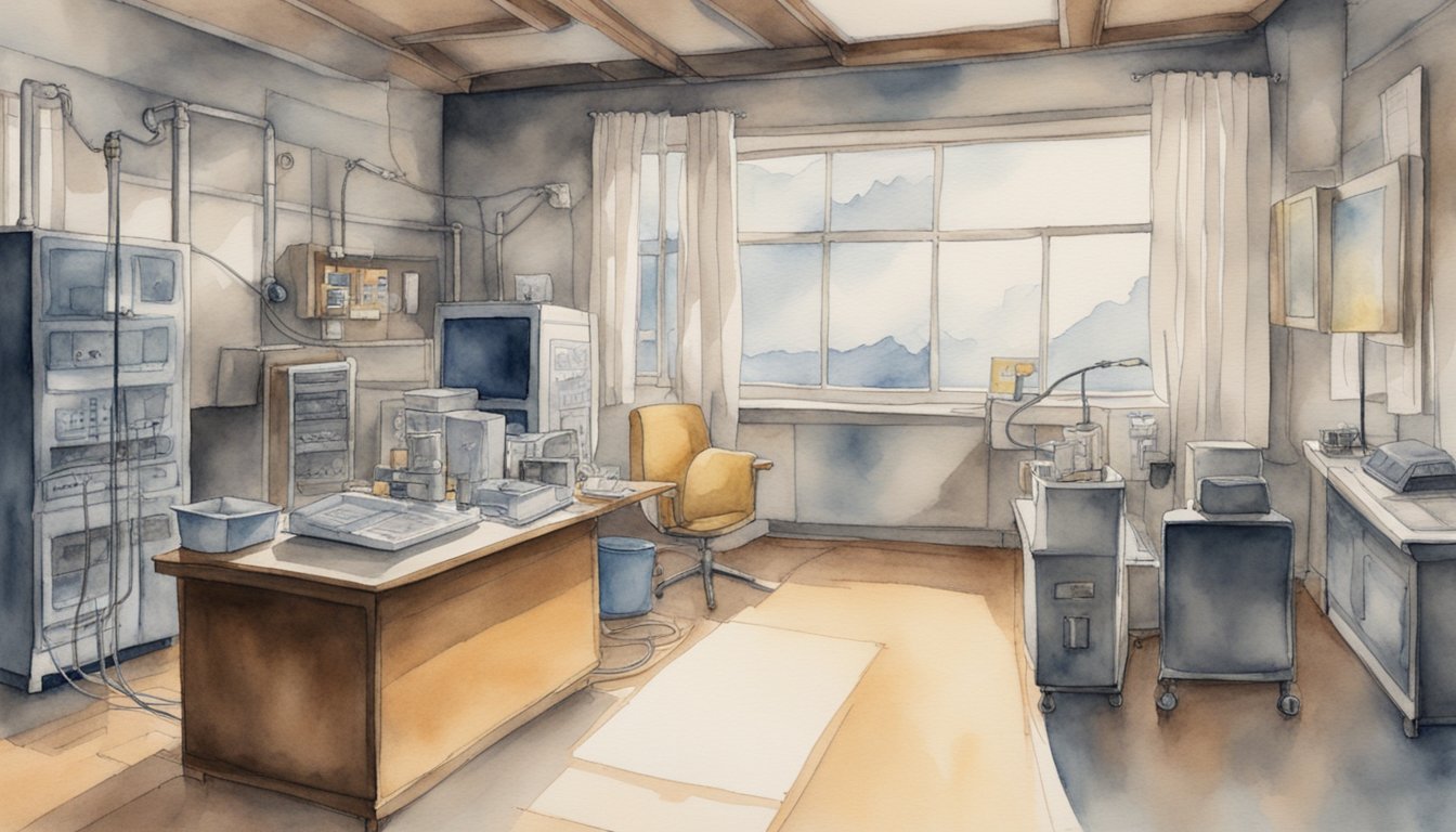 Watercolor illustration of vintage office with mountain view.