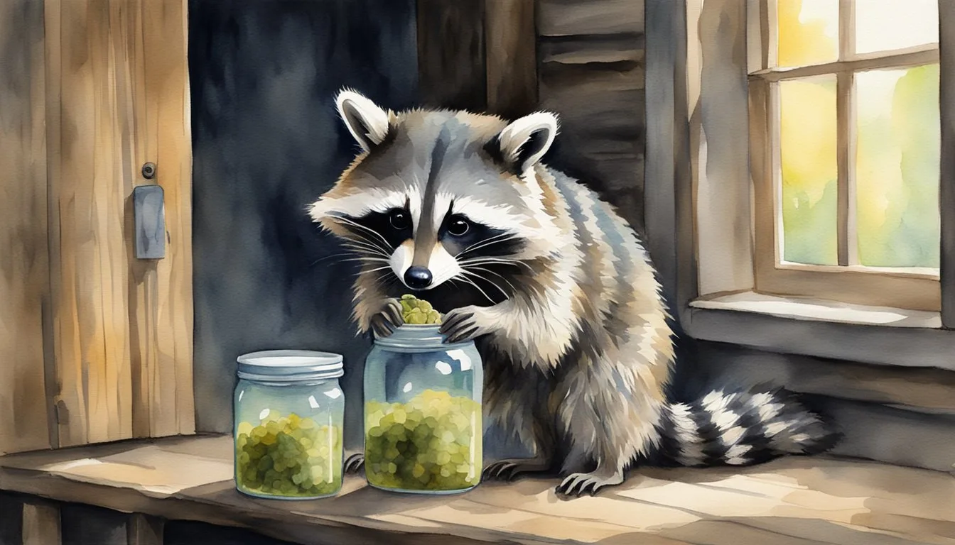 Raccoon with jars by window, watercolor illustration.