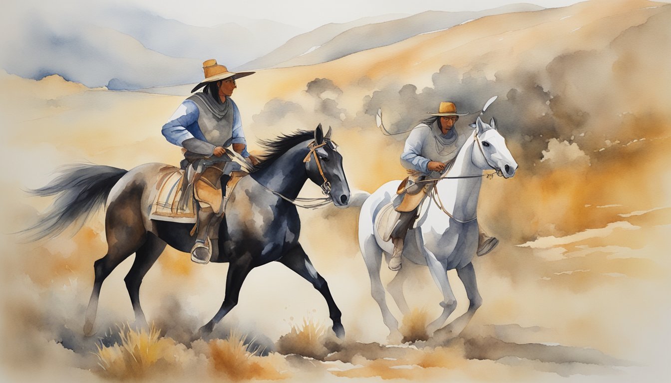 Two cowboys riding horses in desert watercolor painting.