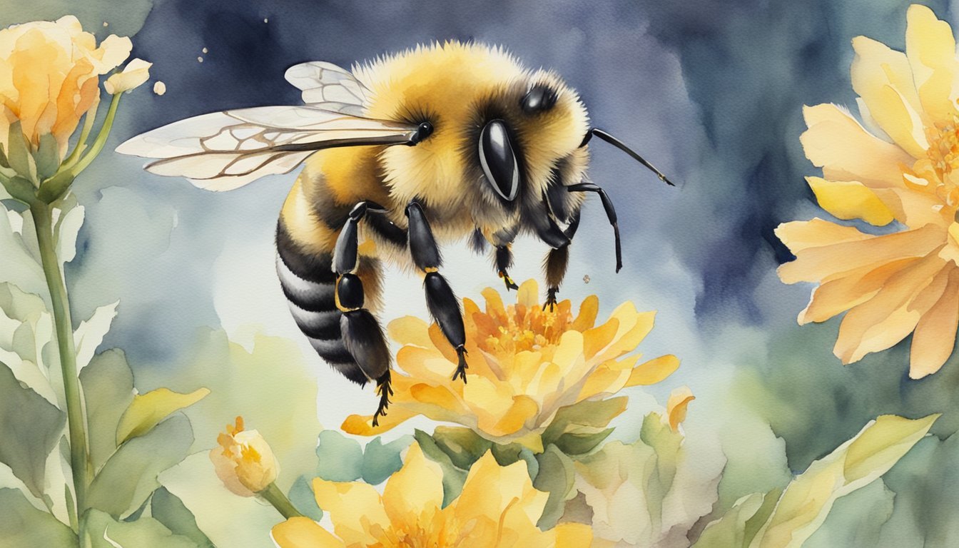 Bumblebee on yellow flower watercolor painting.