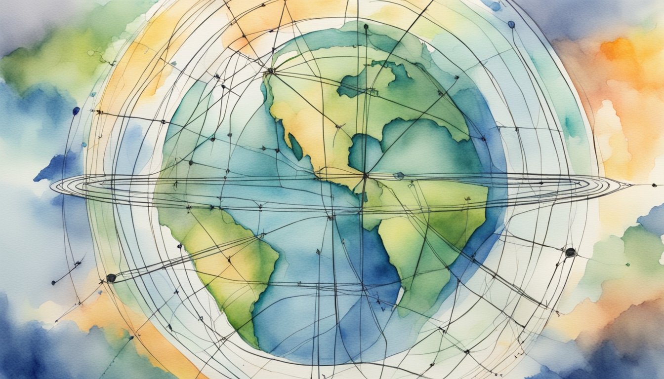 Watercolor painting of abstract world map with geometric lines.