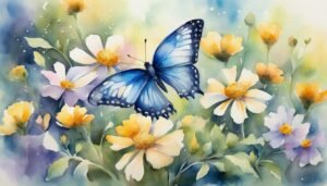 Watercolor painting of a blue butterfly on yellow flowers