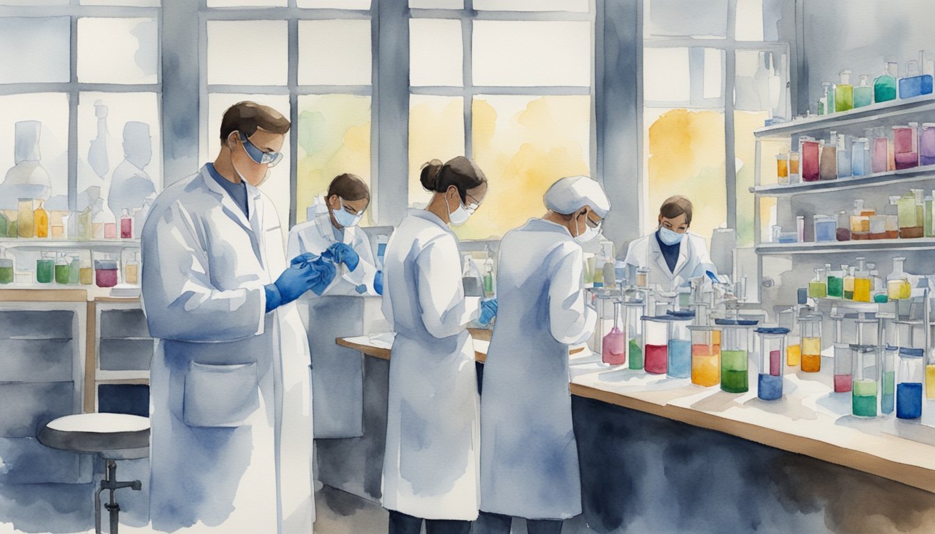 Scientists working in a colorful chemistry laboratory.