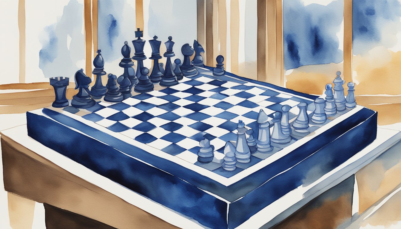 Watercolor chessboard and pieces with scenic background.