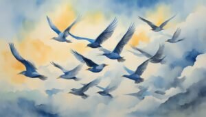 Flock of birds flying, watercolor art.