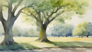 Watercolor painting of tranquil trees and path