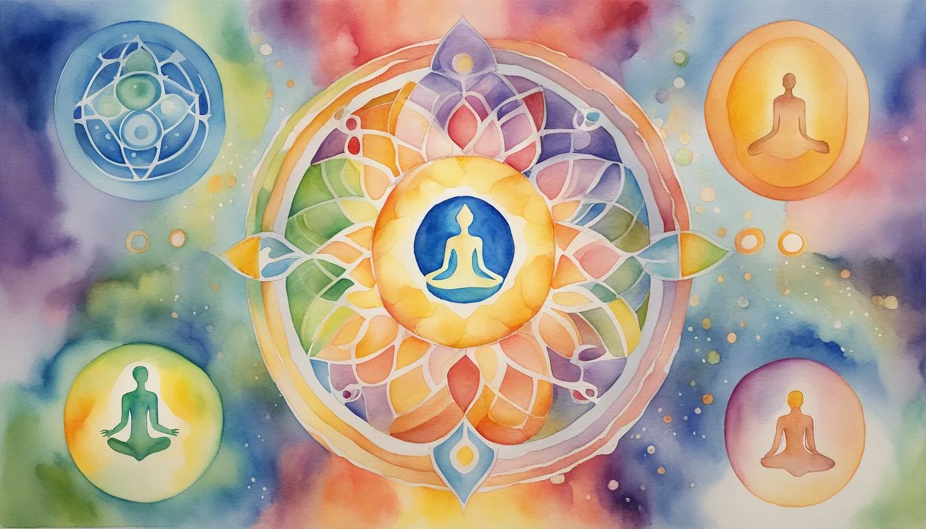 Colorful watercolor chakra and meditation artwork.