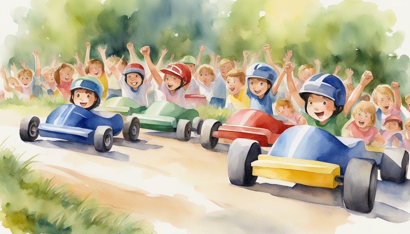 Children racing in colorful soapbox cars, cheering crowd.