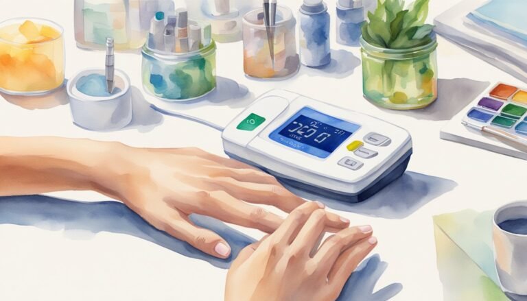 Watercolor artwork of digital blood pressure monitor and hands.