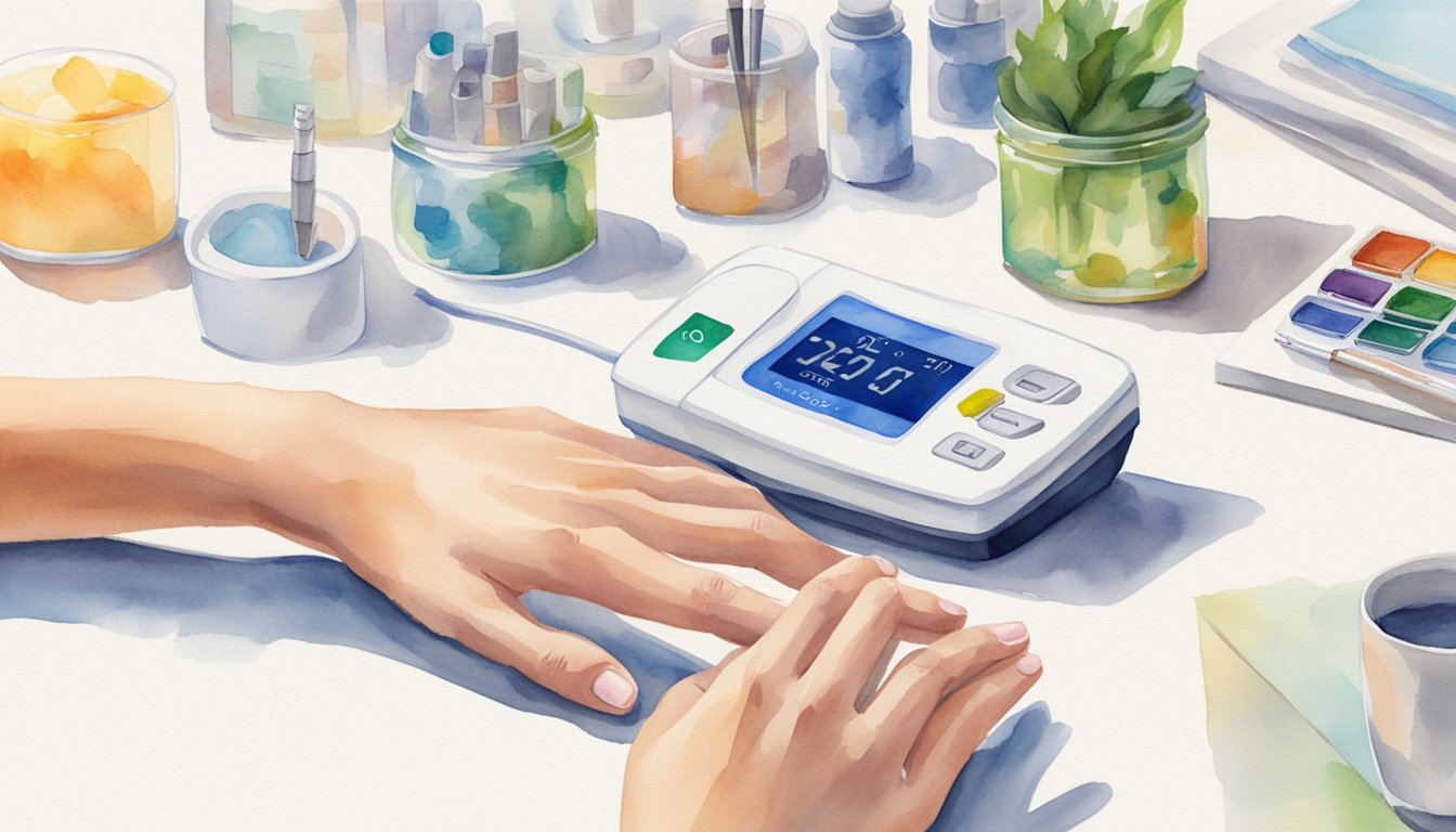 Watercolor artwork of digital blood pressure monitor and hands.