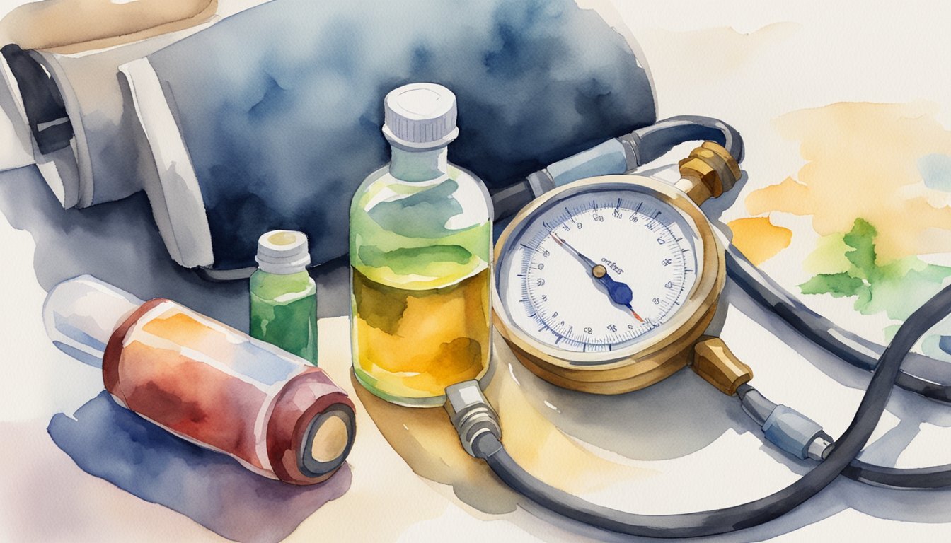 Watercolor of medical equipment with sphygmomanometer.