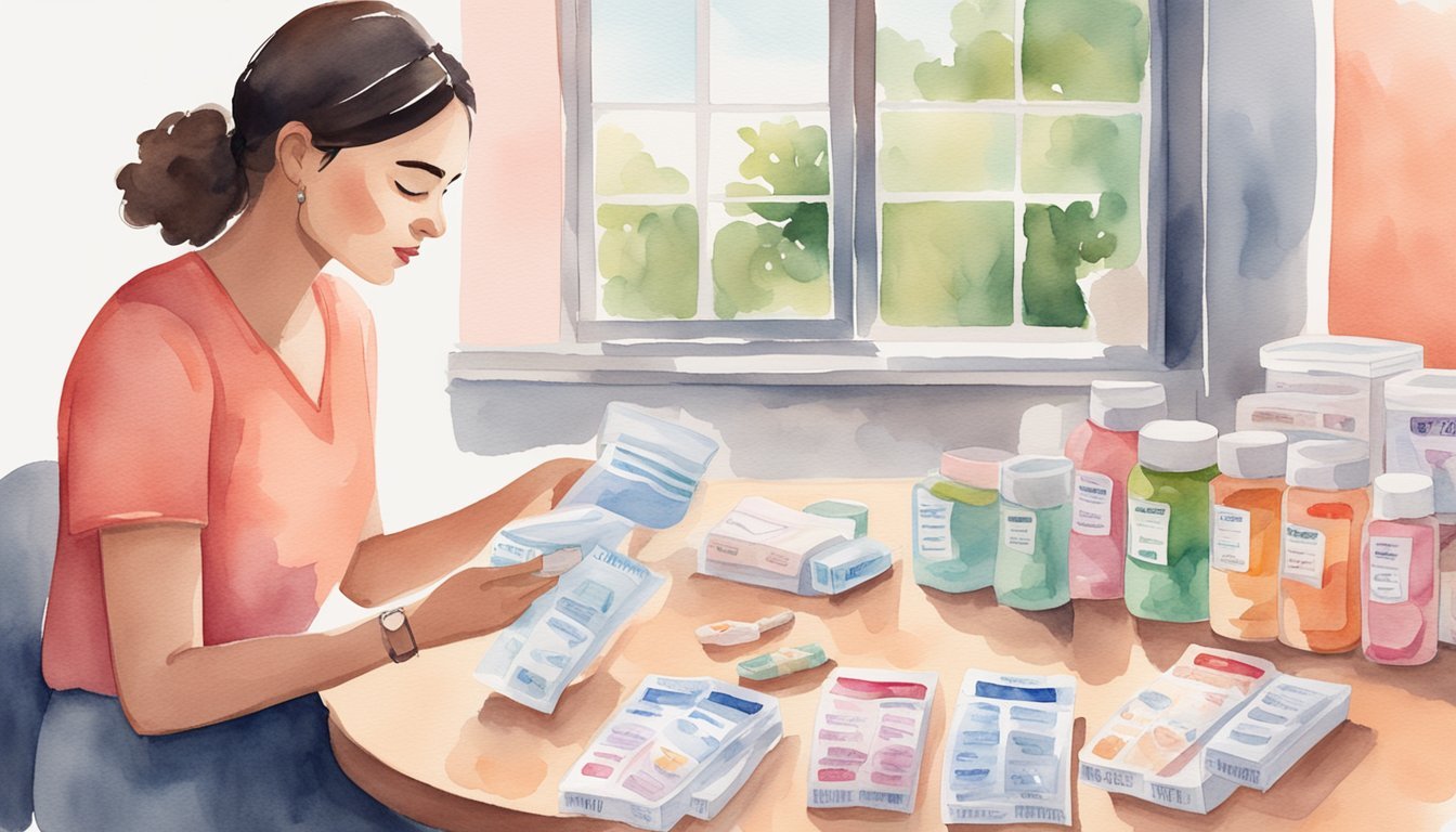 Woman comparing medications at home.