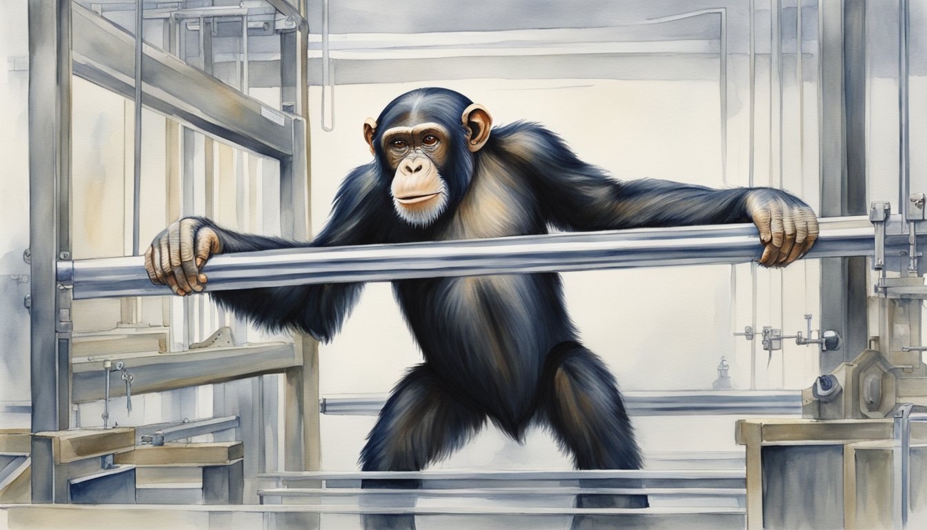 Chimpanzee in laboratory holding bars, illustrated in watercolor.