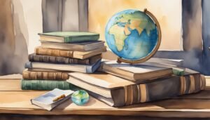 Watercolor of books and globes on a desk.