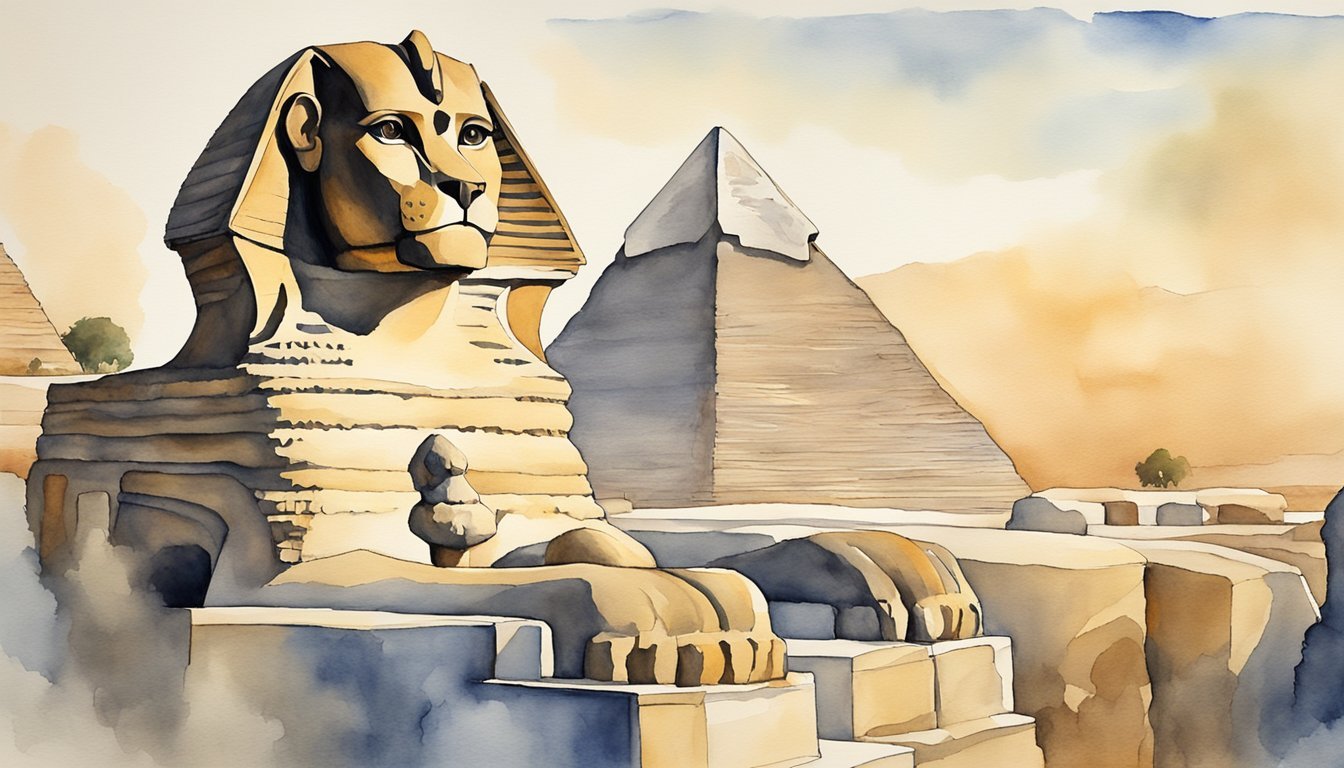 Watercolor painting of Sphinx and Pyramid in Egypt.