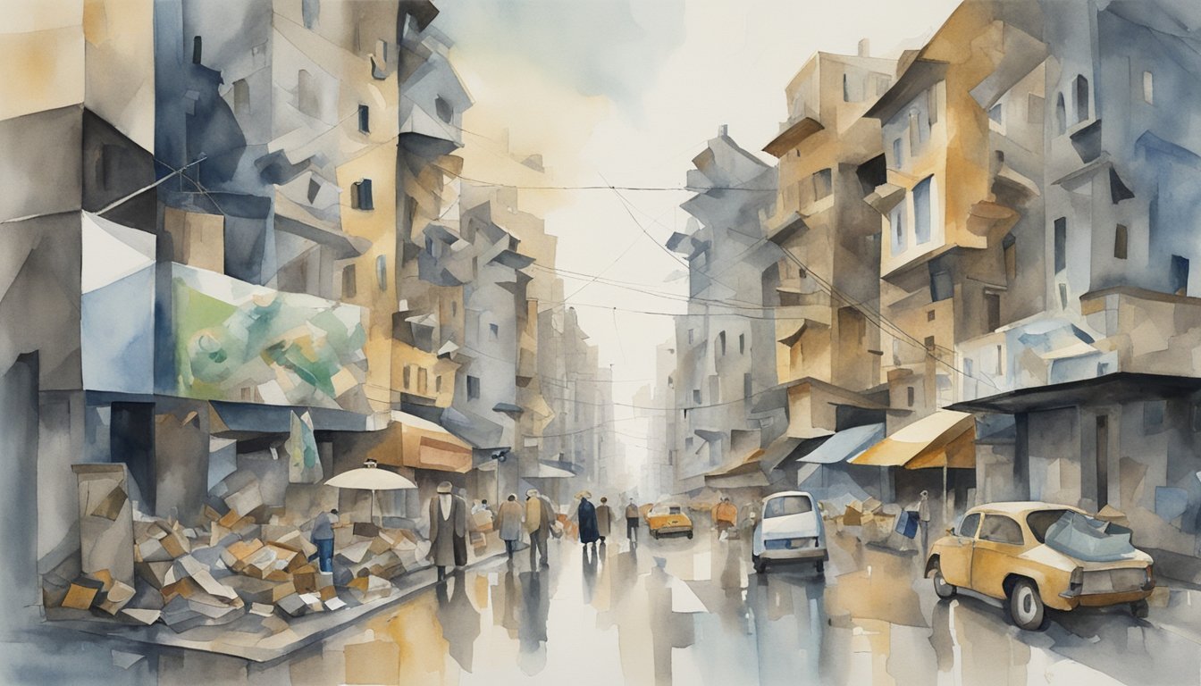 Watercolor painting of a bustling city street scene.