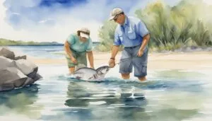 Two people catching fish by the shore.