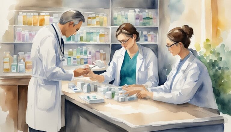 Pharmacists examining medications in pharmacy illustration.