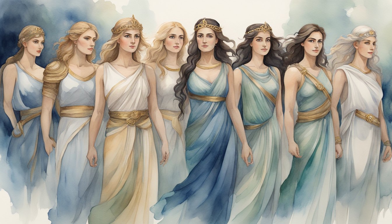 Illustration of eight mythological goddesses in flowing gowns.