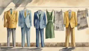 Vintage suits and newspapers on clothesline watercolor painting.