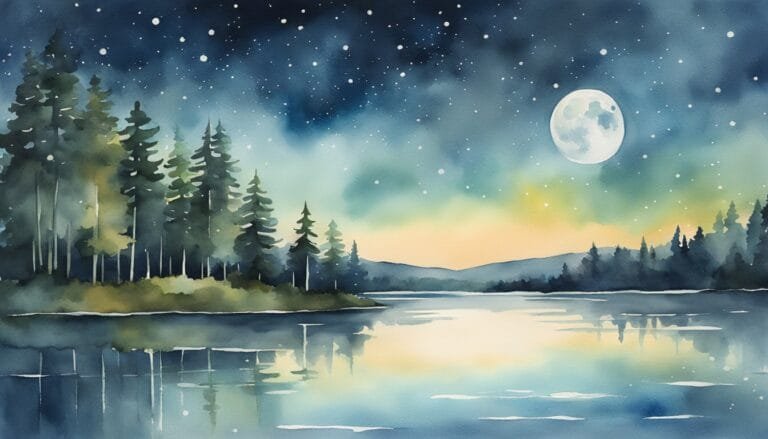 Watercolor night landscape with moon over tranquil lake.