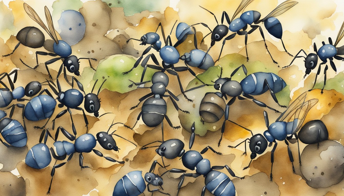 Illustration of ants on a watercolor background.