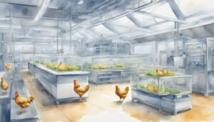 Illustration of chickens in a modern farm facility.