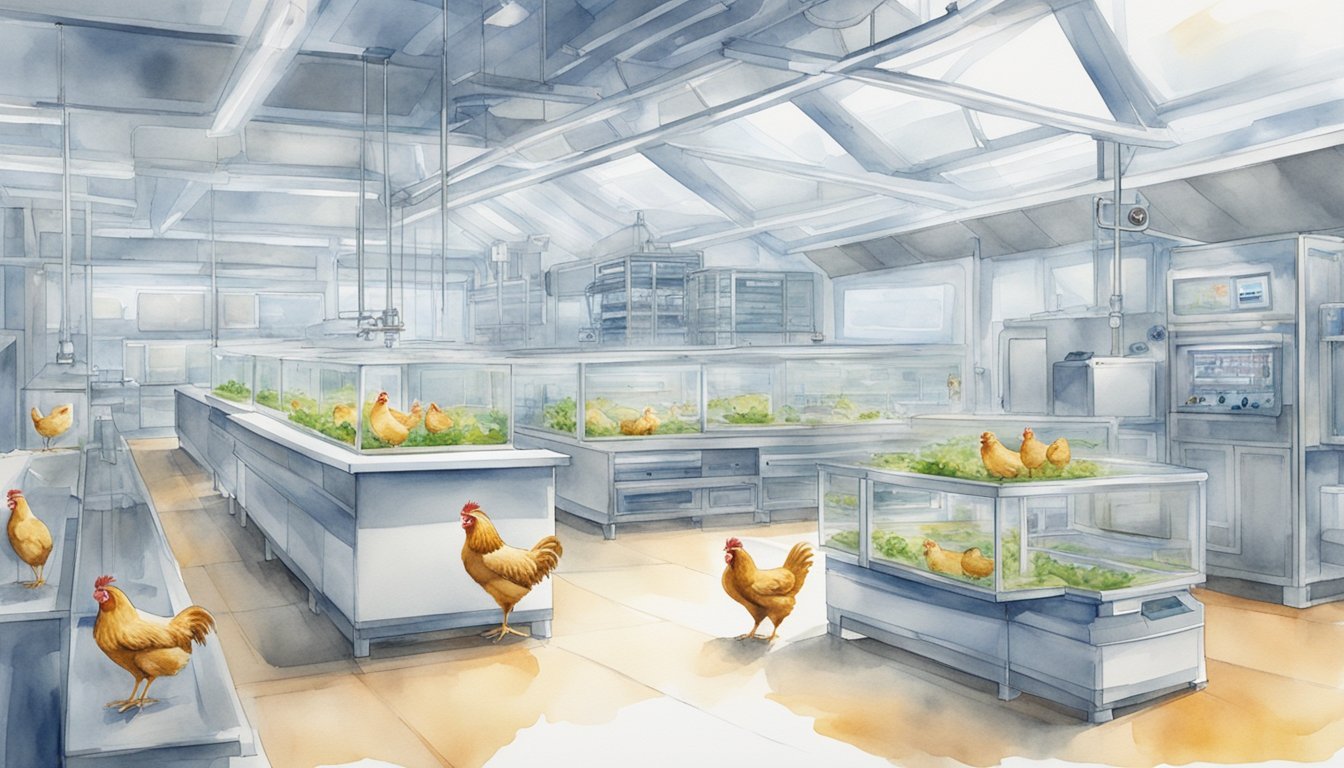 Illustration of chickens in a modern farm facility.