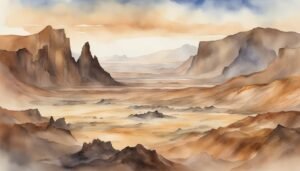 Watercolor painting of a vast desert landscape with mountains.