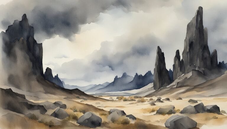 Watercolor desert landscape with towering rock formations.