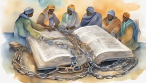 Watercolor of people chained to a large book.