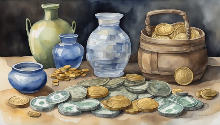 Watercolor of pottery and coins on table.