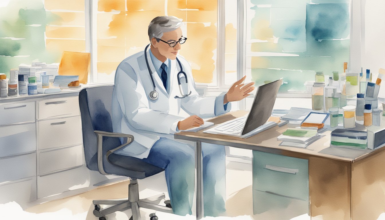 Doctor in lab coat at computer with medications on desk.