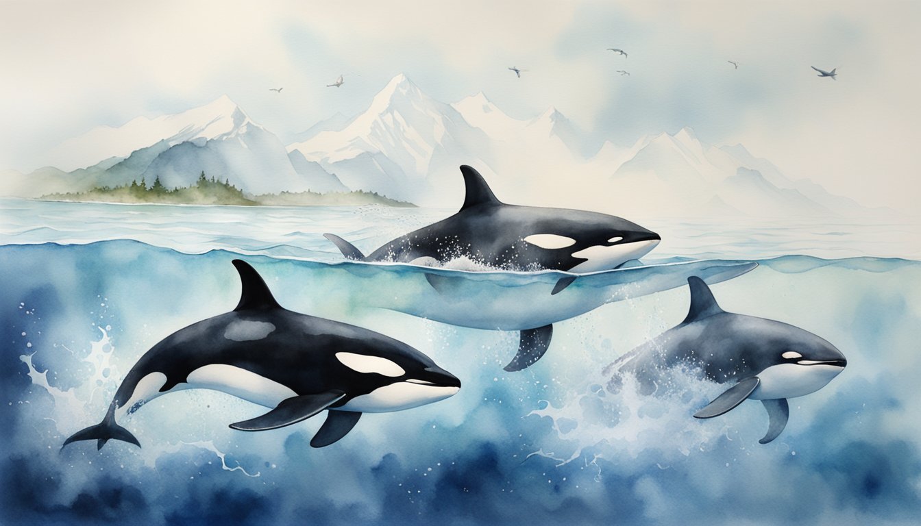 Orcas swimming, mountainous backdrop, watercolor illustration.