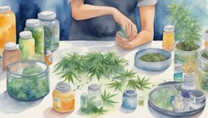 Watercolor of herbal medicine preparation with plants and bottles.