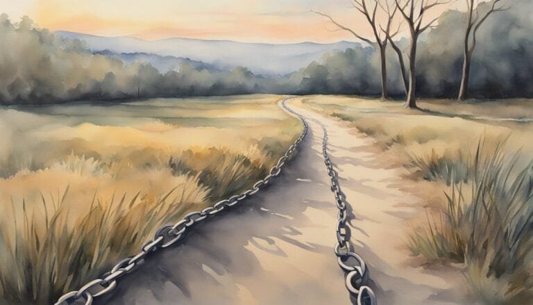 Watercolor landscape with winding path and chain.