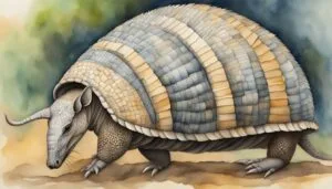 Illustration of an armadillo on a watercolor background.