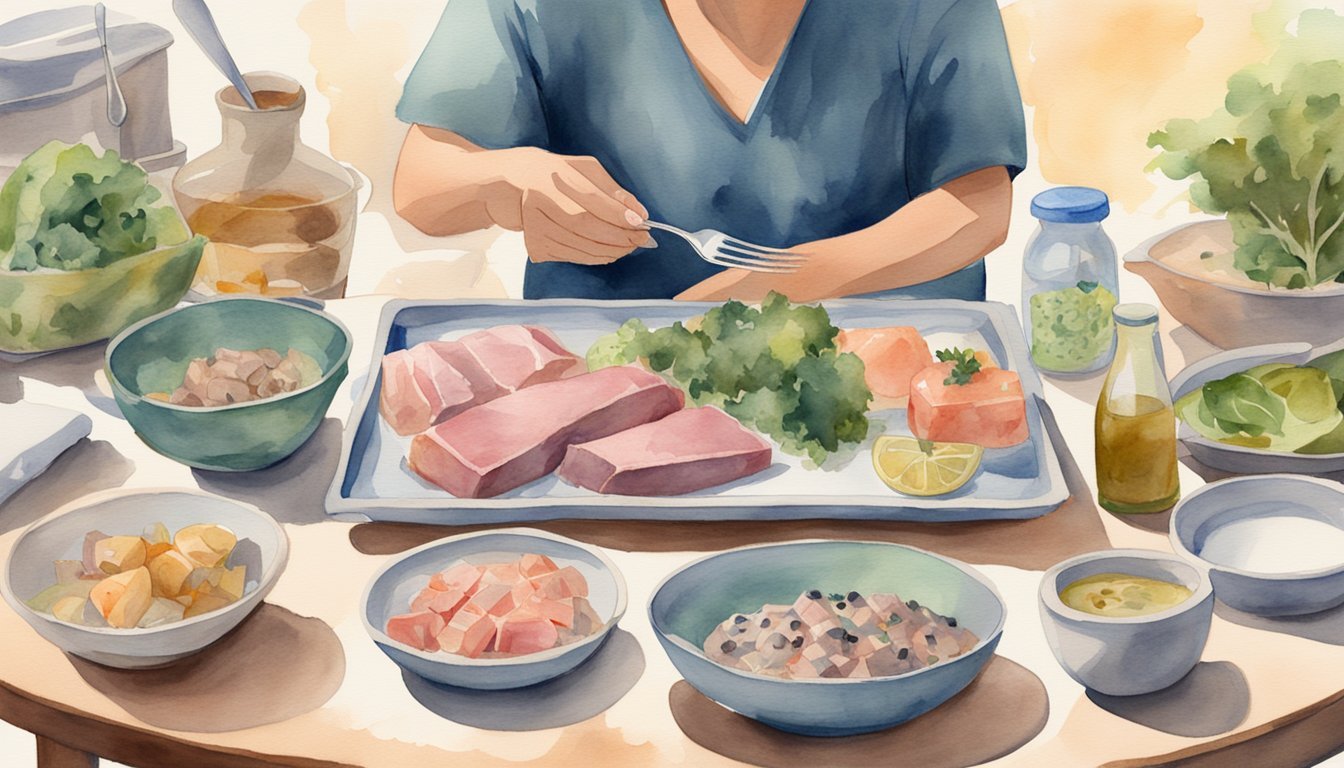 Person preparing seafood meal, watercolor illustration.