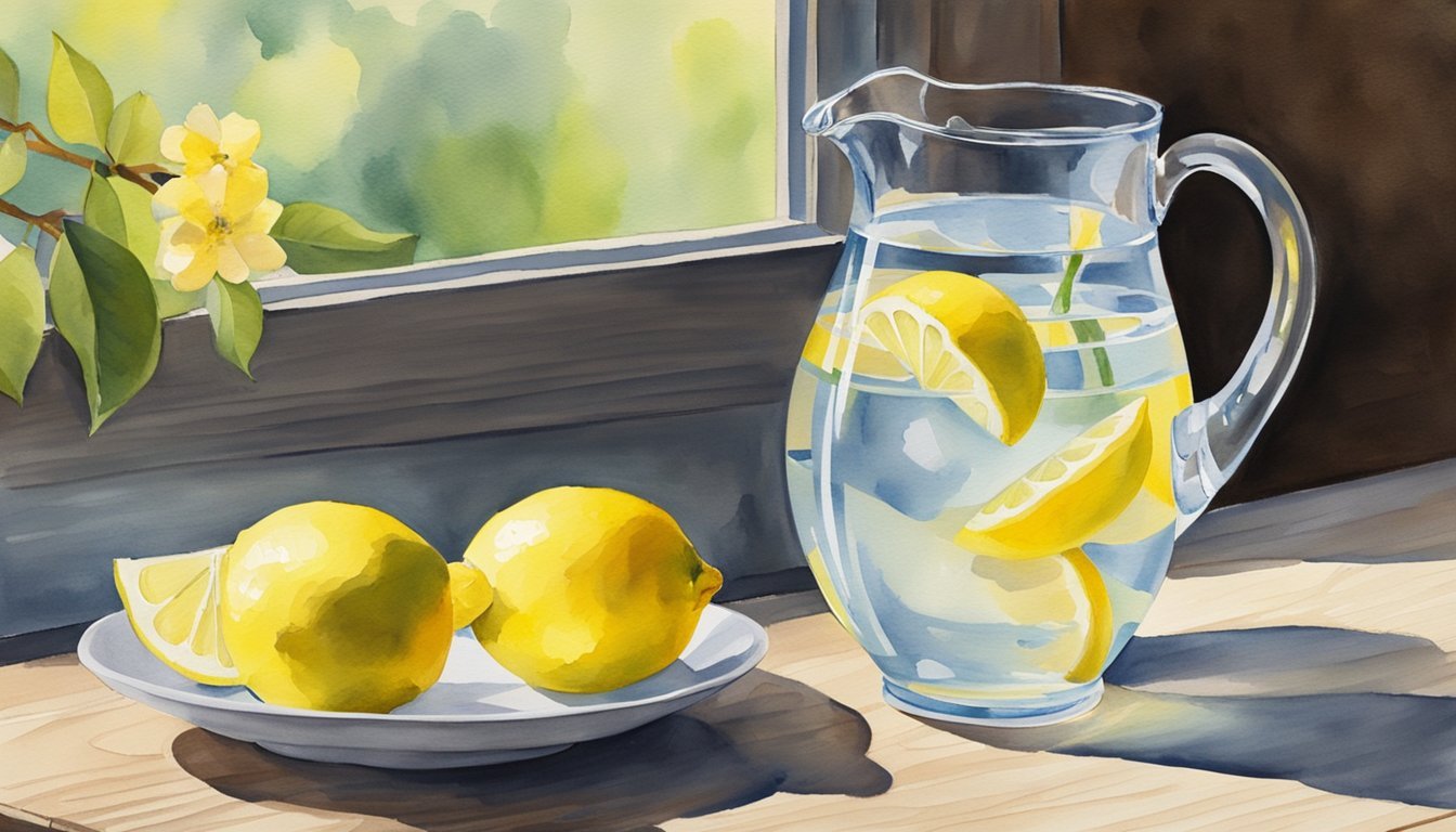 Lemons and pitcher of water on wooden table.