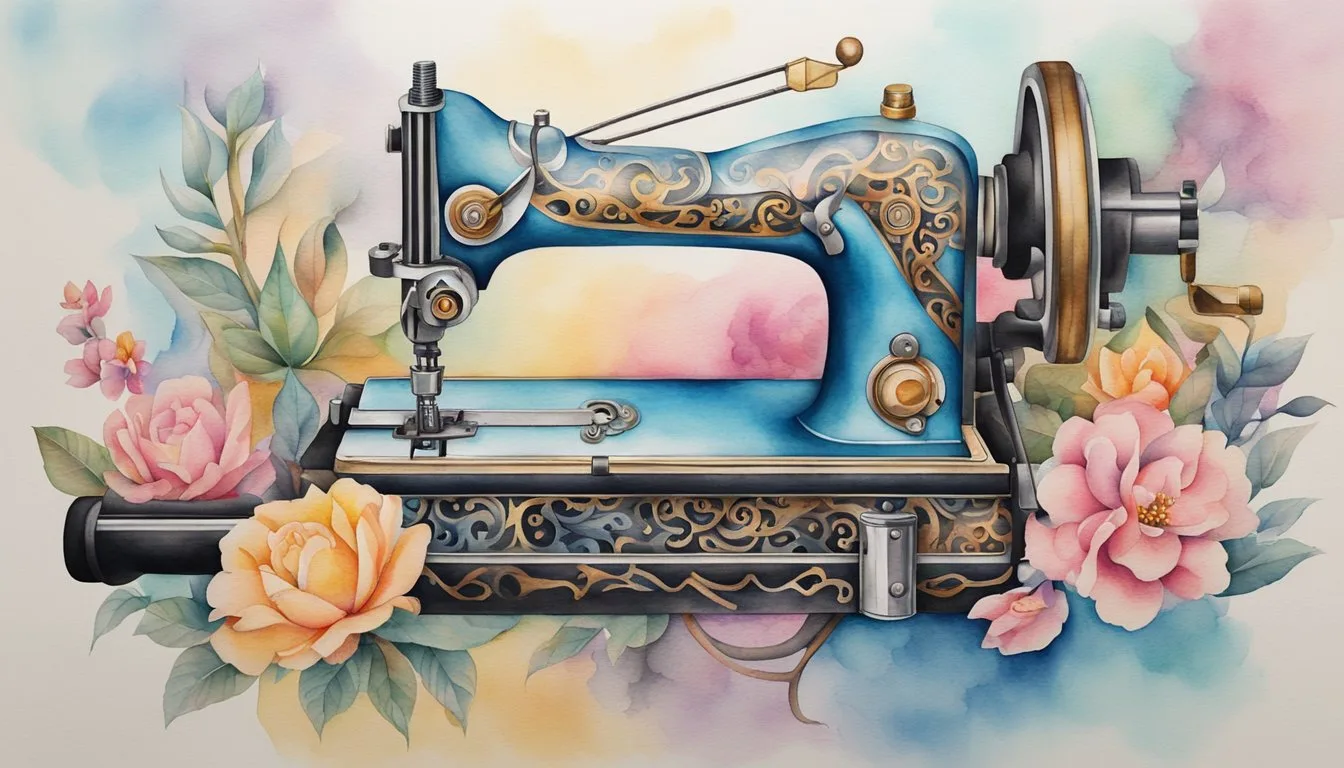 Vintage sewing machine with floral watercolor illustration.