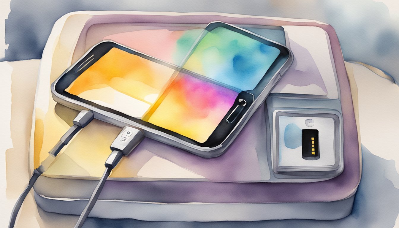 Watercolor illustration of smartphone charging on wireless pad.