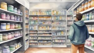 Person browsing vitamins and supplements aisle at store.