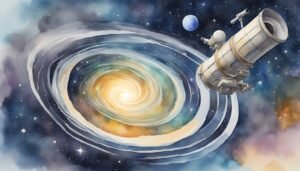 Watercolor space spiral with telescope and astronaut.