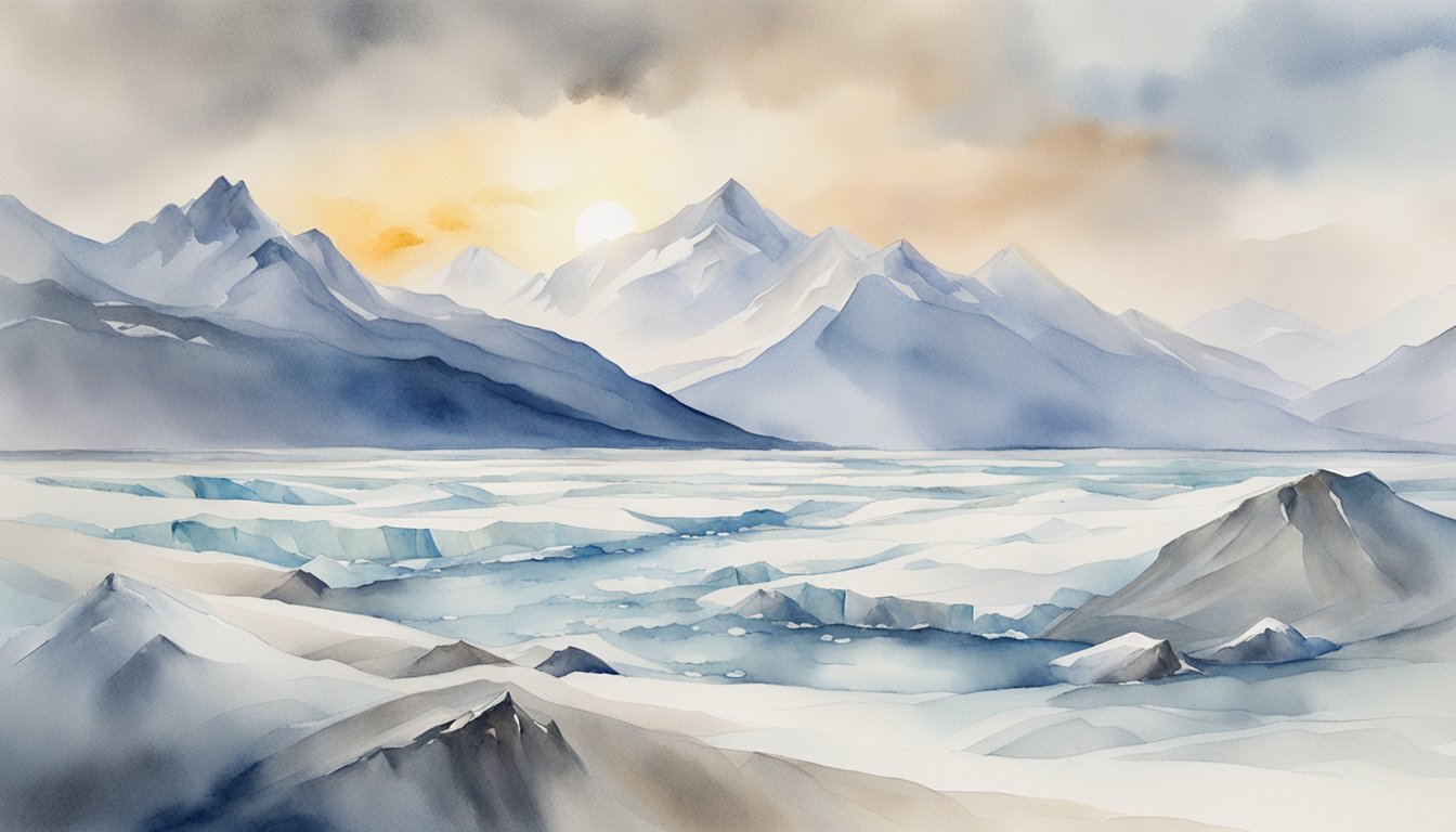 Watercolor painting of serene mountain landscape at sunrise.